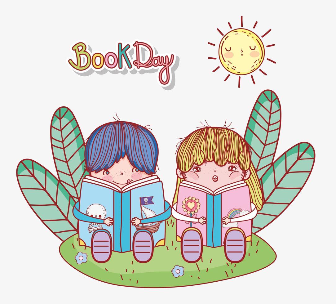 lindo niño y niña sentados leyendo libros en la hierba vector