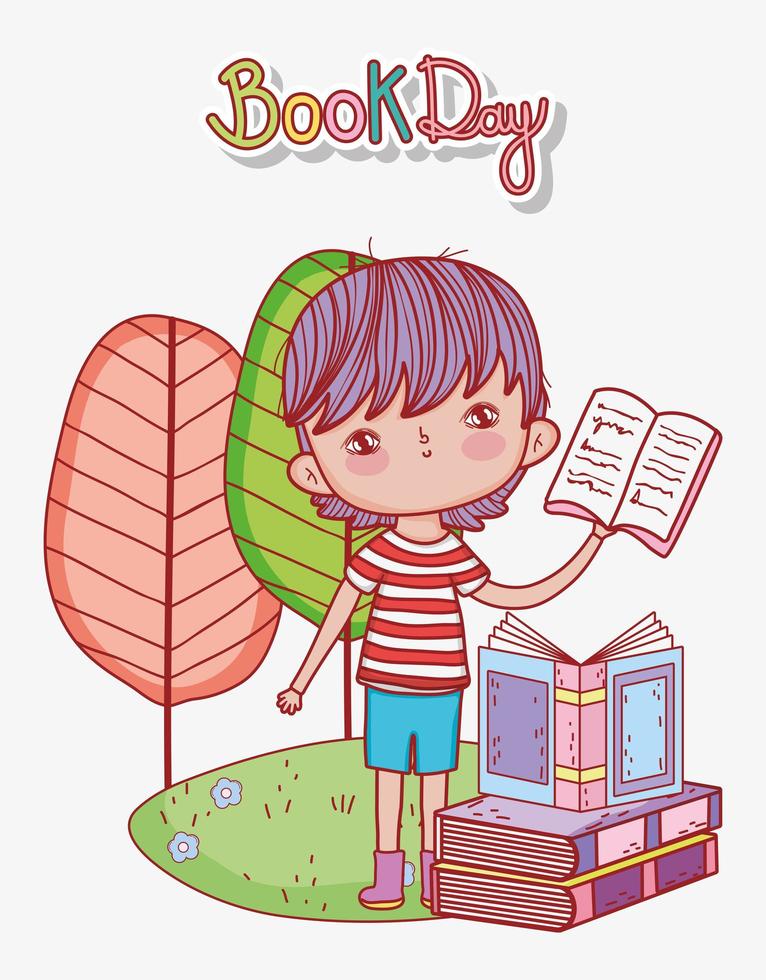 little boy holding open book stacked books in grass vector