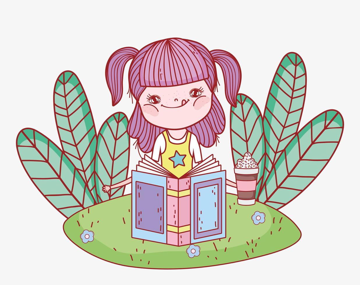 pretty girl with book and ponytail hair sitting on the grass vector