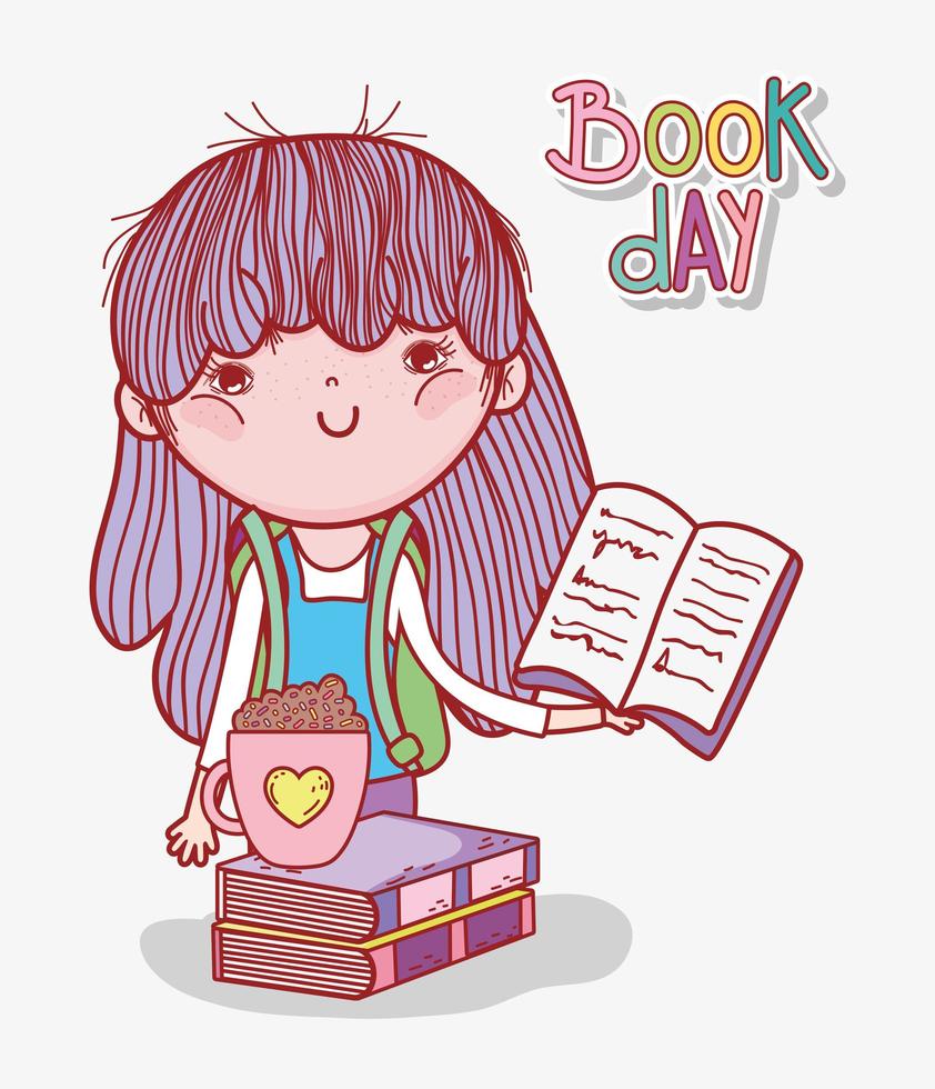 little girl holding book and chocolate cup on books vector
