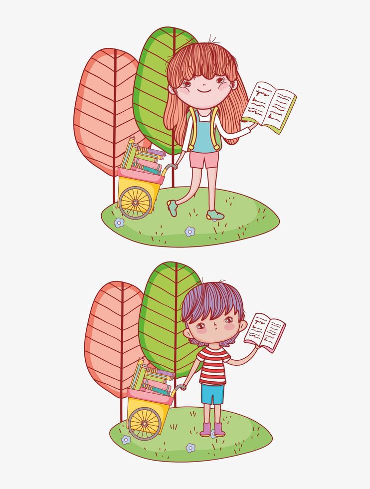 cute girl and boy hand art with books in grass outdoor cartoon vector