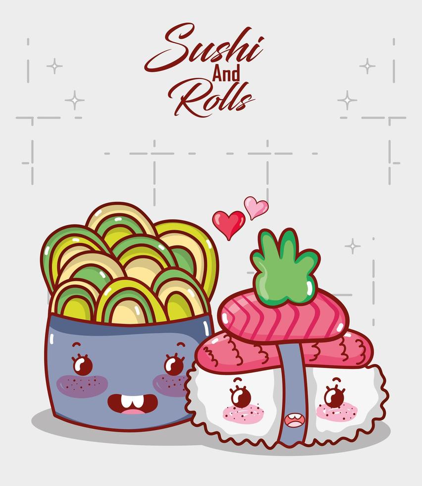 kawaii sushi salmón wasabi y ensalada comida dibujos animados japoneses, sushi y rollos vector