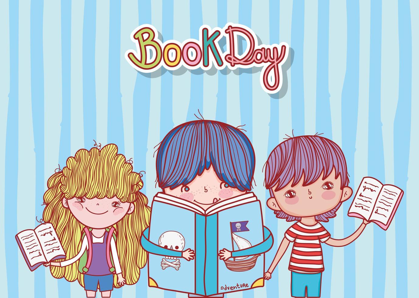 little boy with book pirates and kids open books stripes background vector