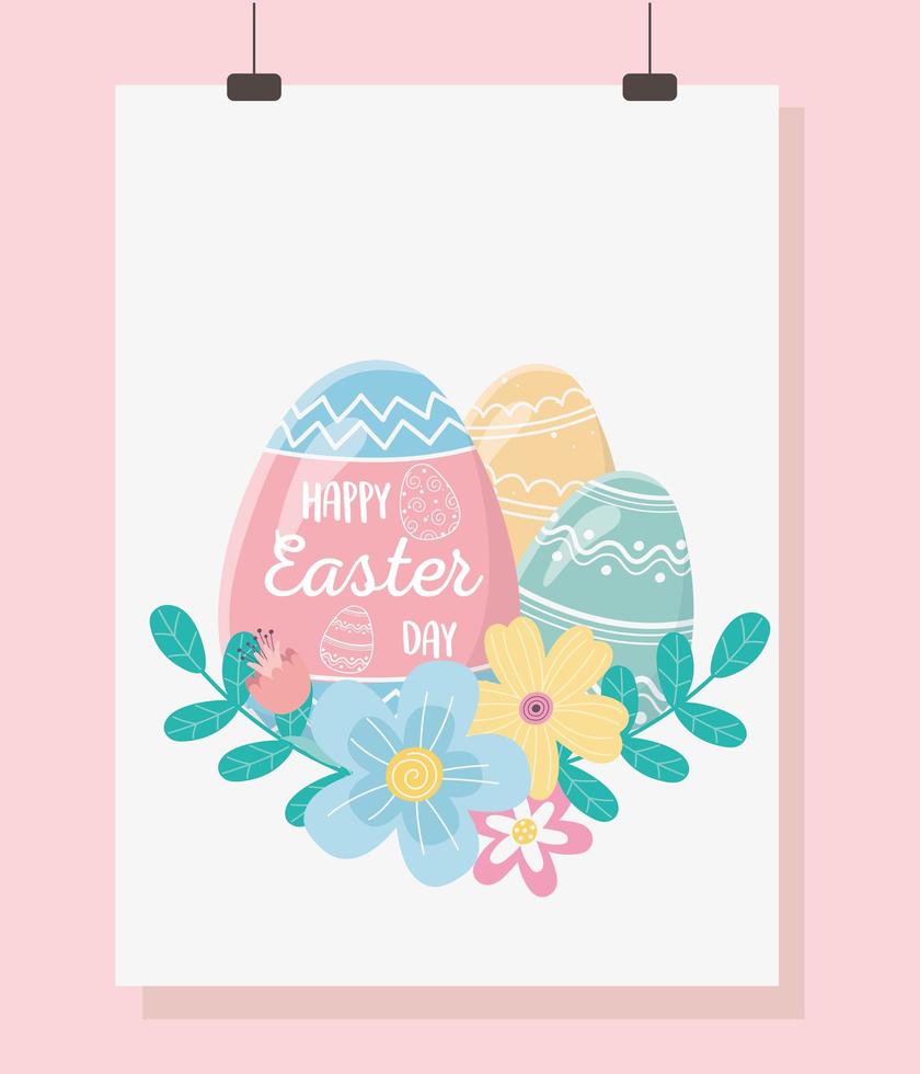 happy easter day, card painted eggs flowers foliage vector