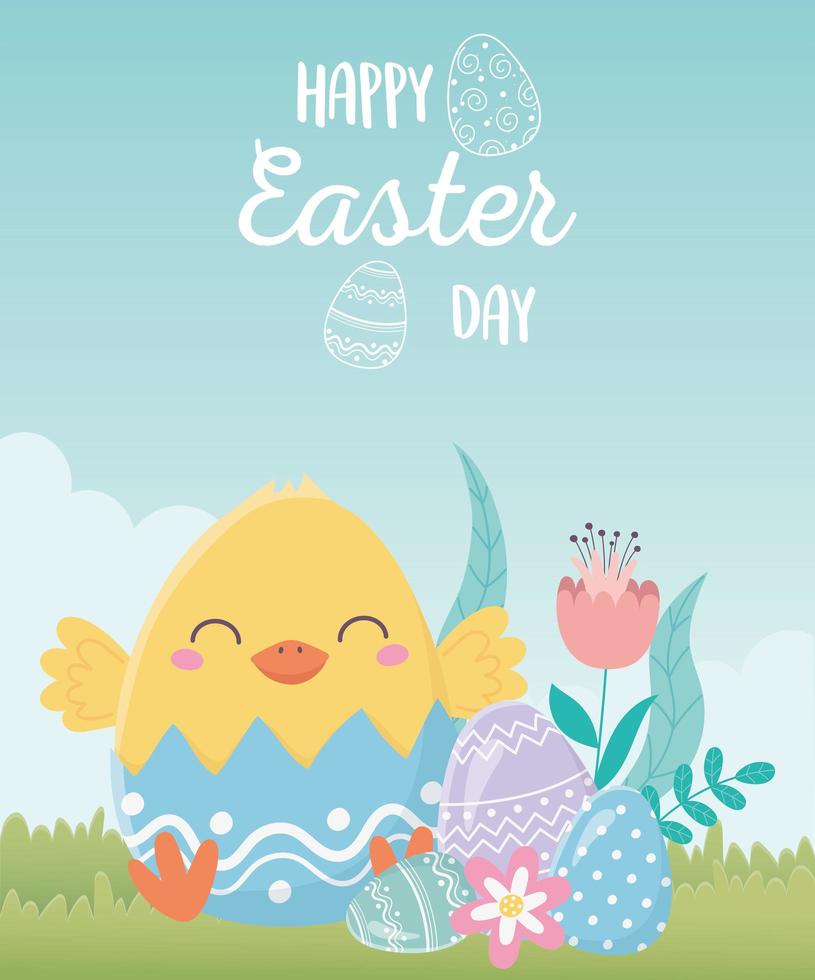 happy easter day, chicken eggshell with flowers eggs in grass vector