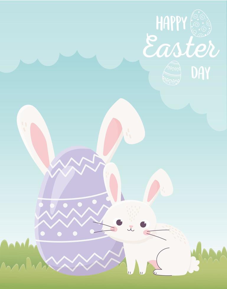 feliz día de pascua, lindo conejo y huevo con orejas en la hierba vector