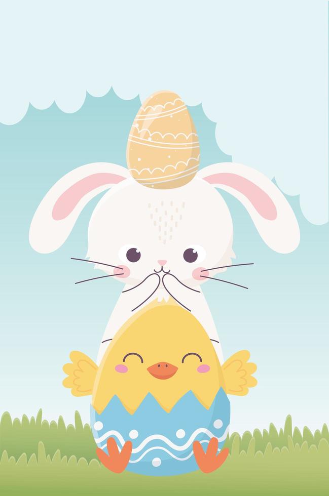 happy easter day, rabbit with egg in head and chicken in eggshell nature vector