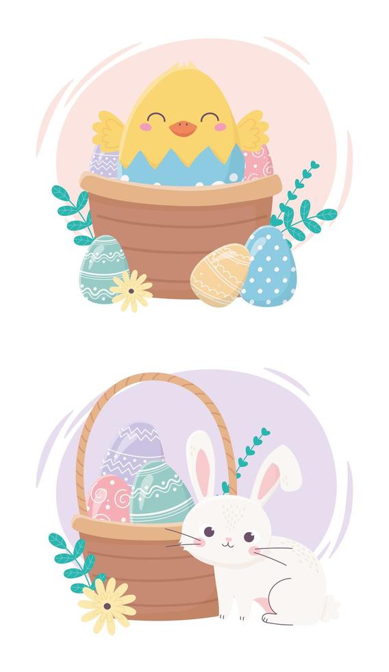 happy easter day, bunny chicken basket eggs flowers cartoon vector