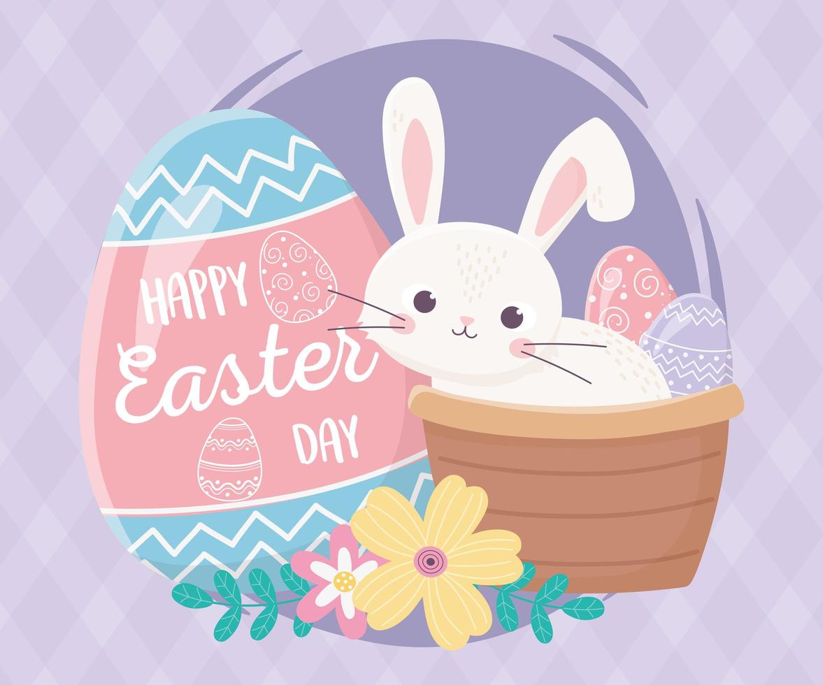 Feliz día de pascua, conejo en canasta con letras pintadas de huevo decoración de flores vector