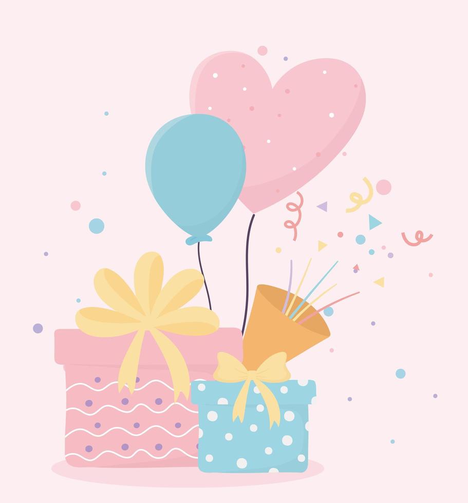 feliz cumpleaños regalos globos cuerno confettu celebración decoración tarjeta vector