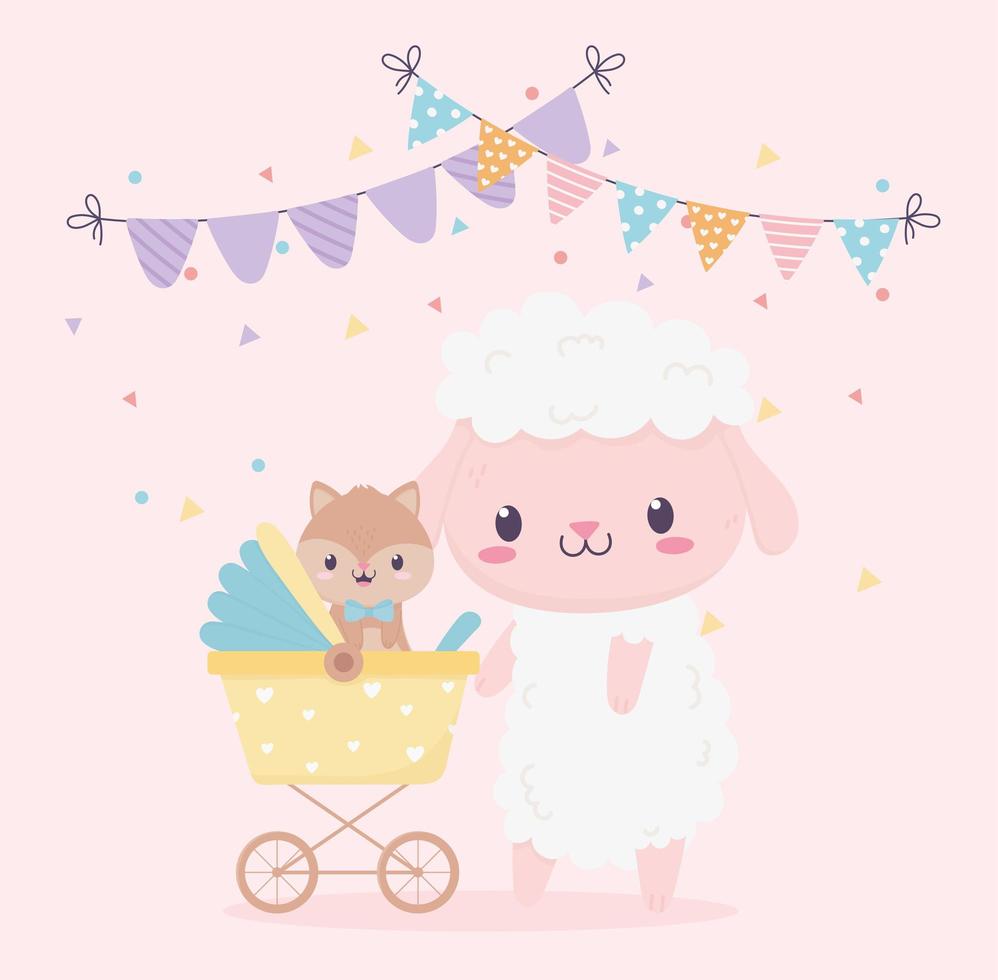Baby shower oveja con ardilla en decoración de dibujos animados vector