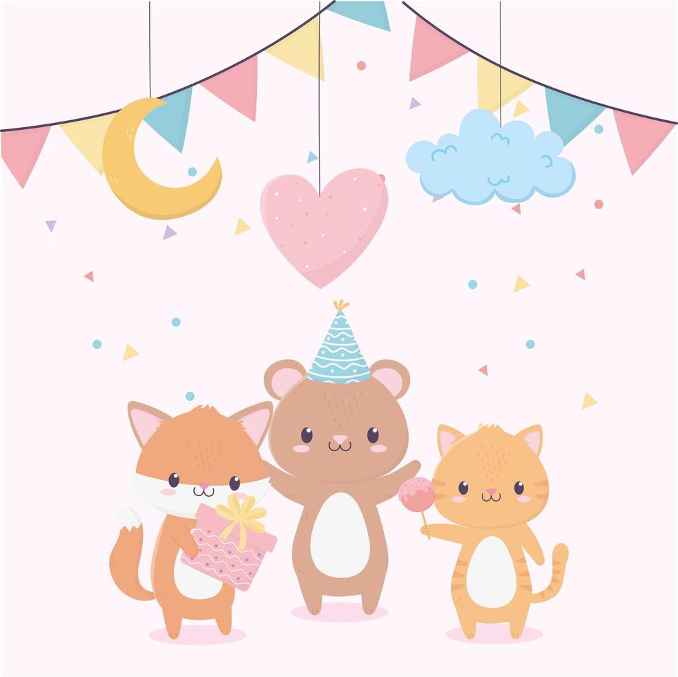 happy birthday animals gift balloon cloud moon celebration decoration vector