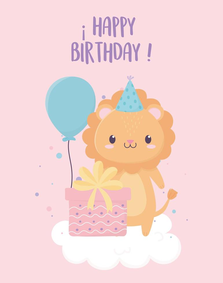 happy birthday lion with party hat gift balloons in cloud celebration decoration vector