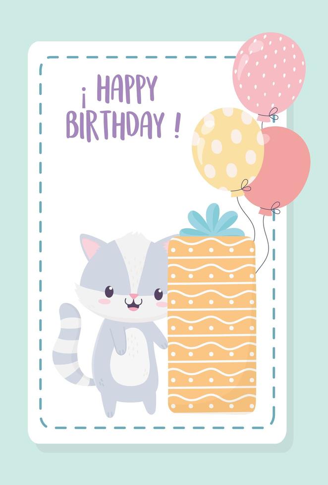 happy birthday raccoon with gift box and balloons celebration decoration card vector