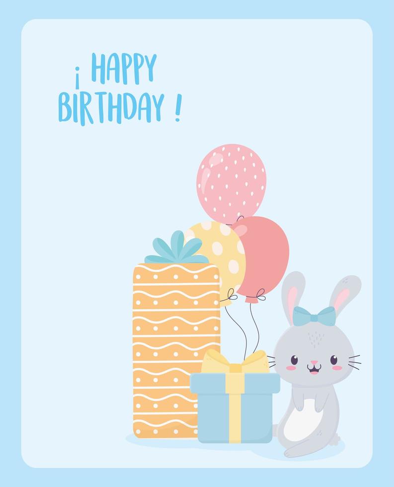 feliz cumpleaños conejo regalos y globos celebración decoración tarjeta vector