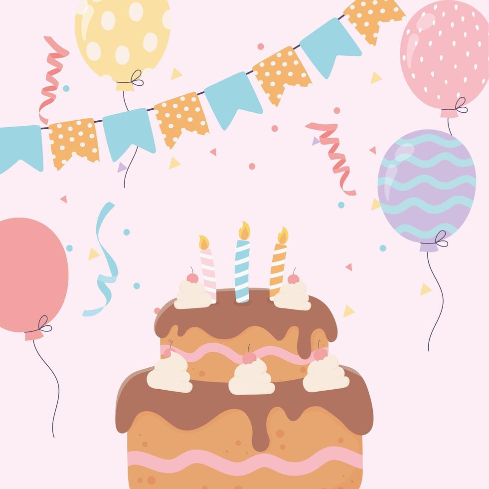 happy birthday cake with candles balloons bunting flags celebration decoration vector