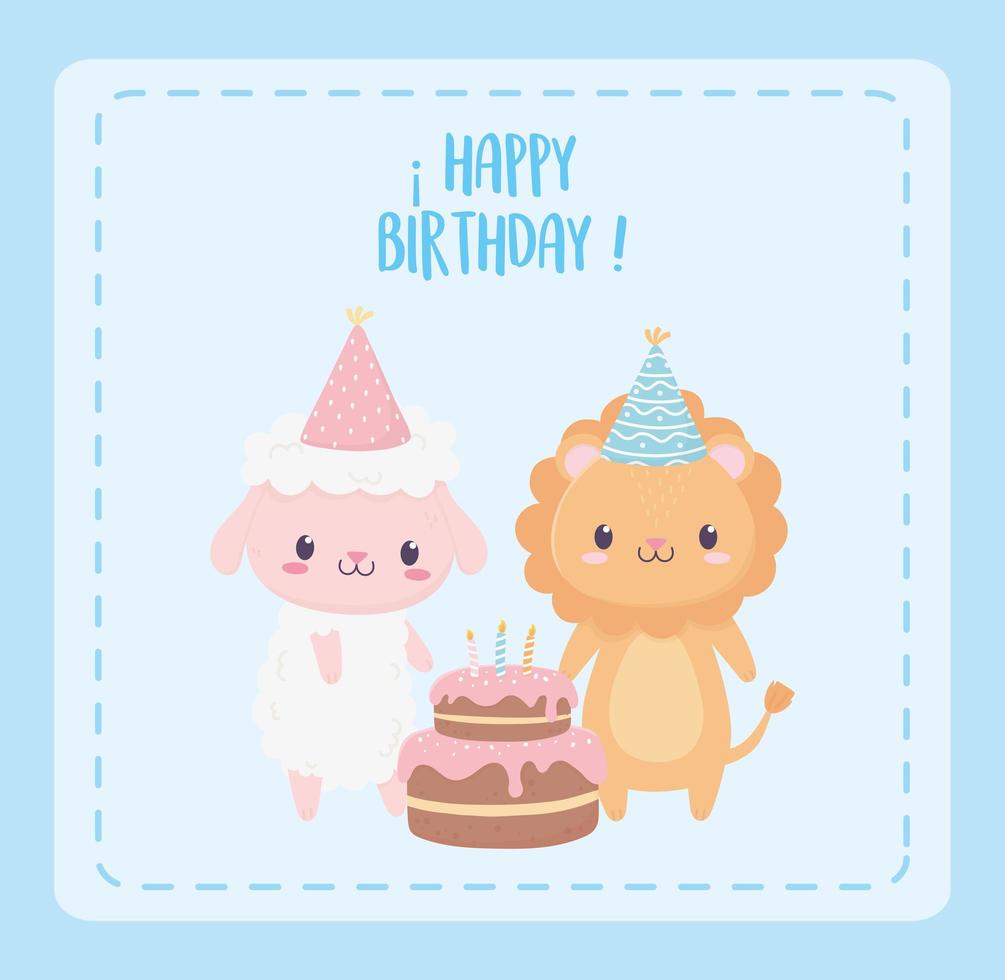happy birthday sheep lion with party hats and cake celebration decoration card vector