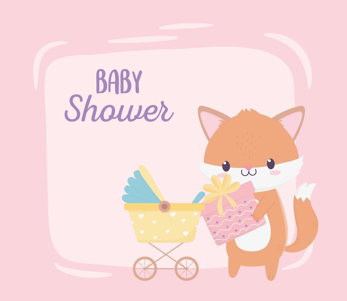 baby shower fox con regalo y decoración de dibujos animados vector