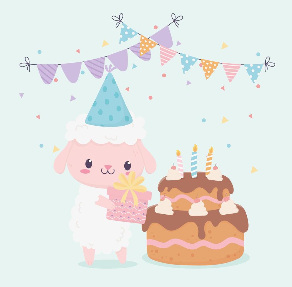 feliz cumpleaños oveja regalo pastel banderines celebración decoración tarjeta vector