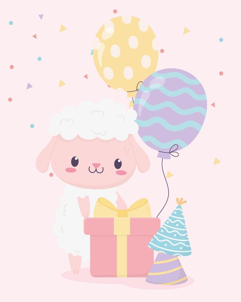 Feliz cumpleaños oveja caja de regalo sombreros de fiesta y globos celebración decoración tarjeta vector