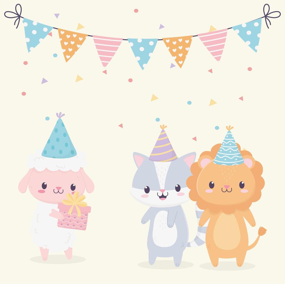 feliz cumpleaños animales sombreros de fiesta regalo confeti celebración decoración vector