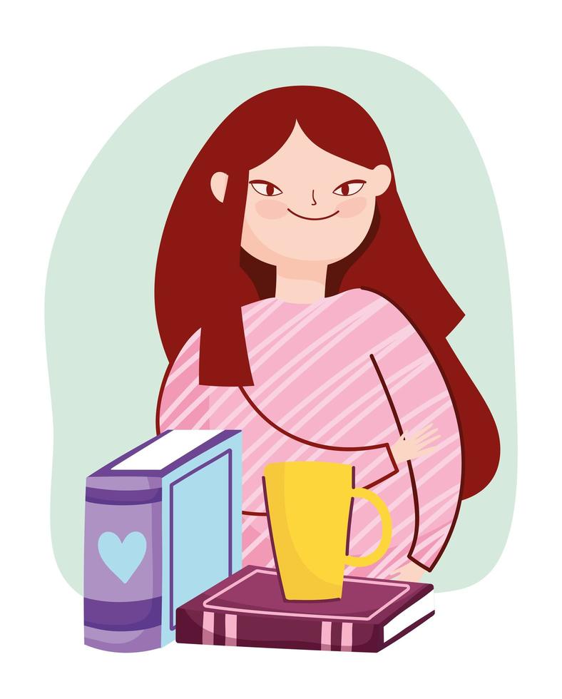 young woman long hair with books and coffee cup, book day vector