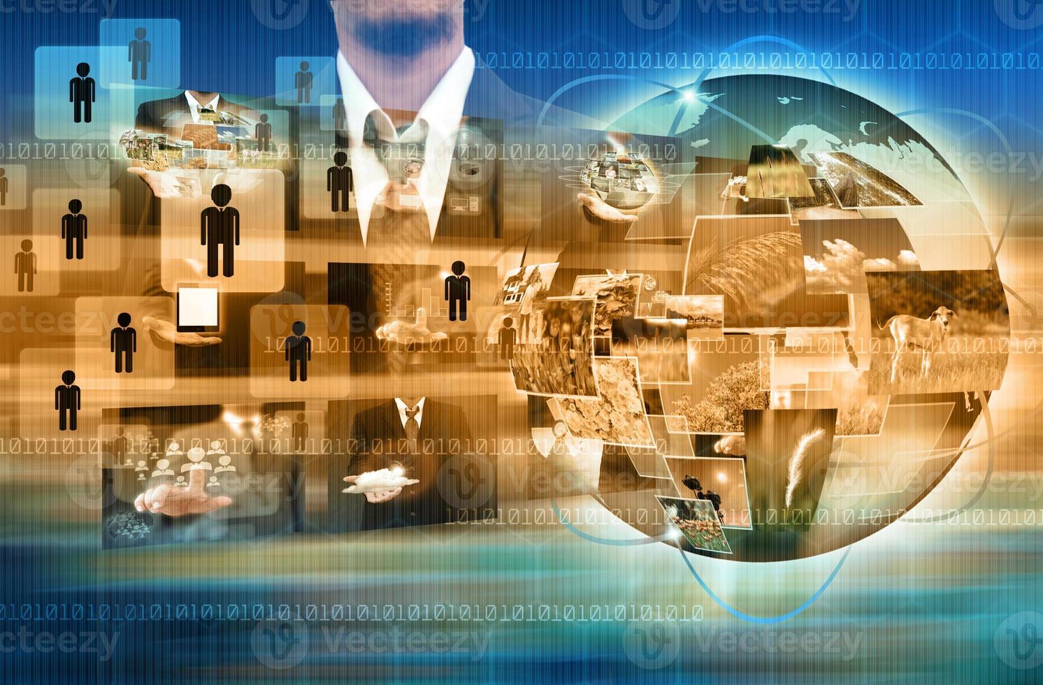 businessman holding Reaching images streaming in hands .Financial and technologies concepts photo