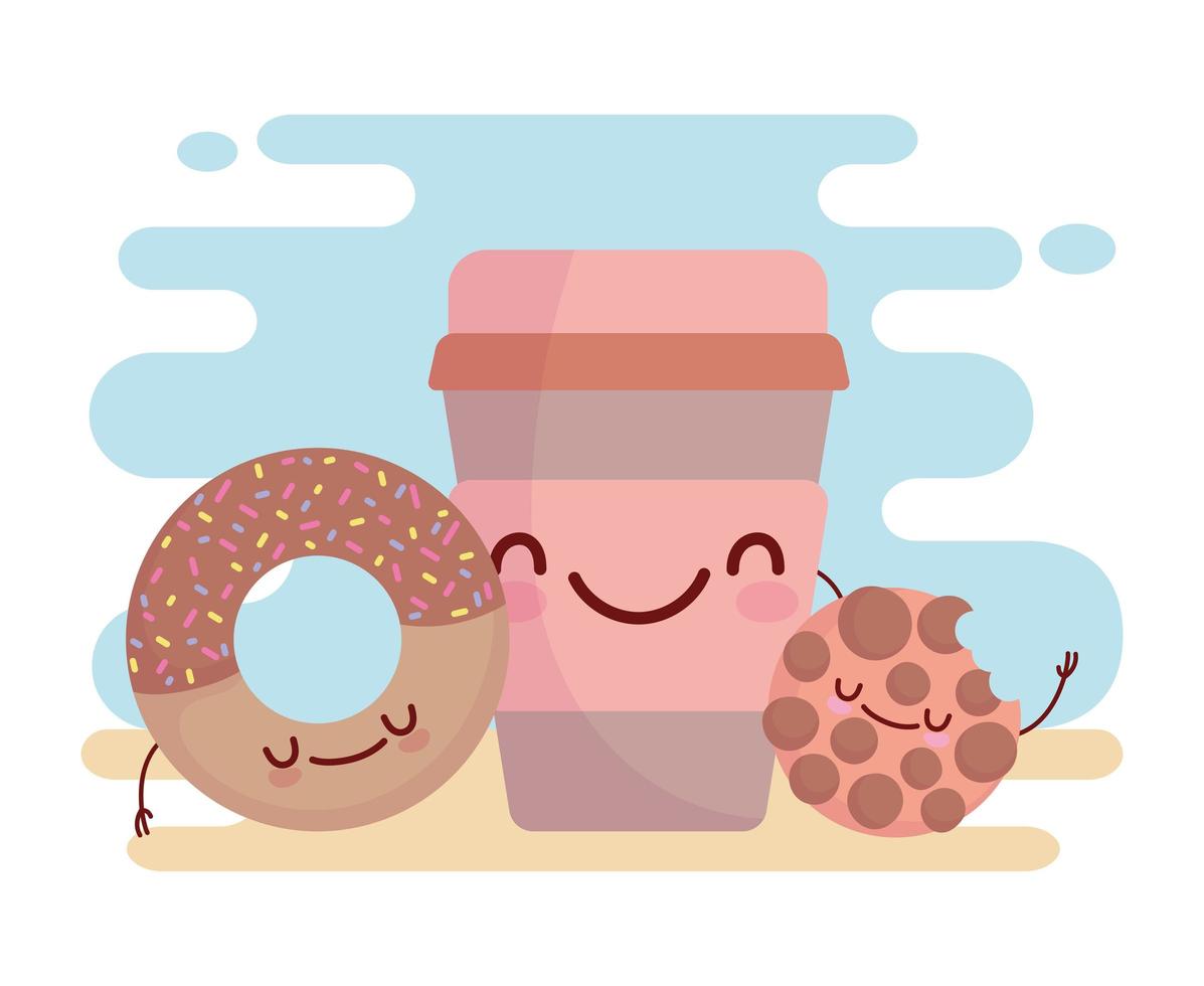 galleta donut y taza de café personaje de menú comida de dibujos animados lindo vector