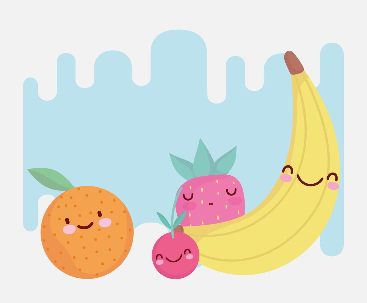 plátano, naranja, y, fresa, menú, carácter, caricatura, comida, lindo vector