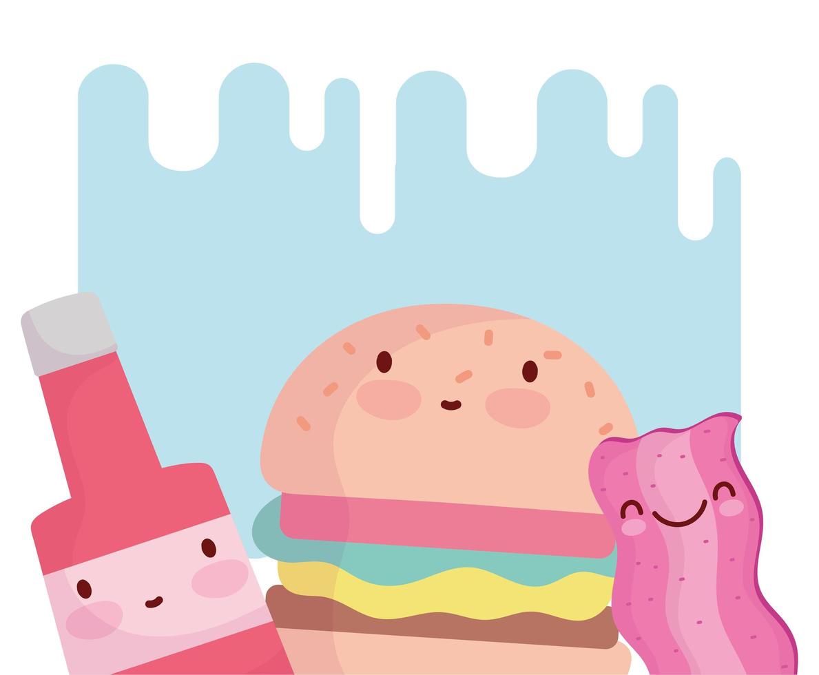 hamburguesa tocino y salsa botella personaje dibujos animados comida vector