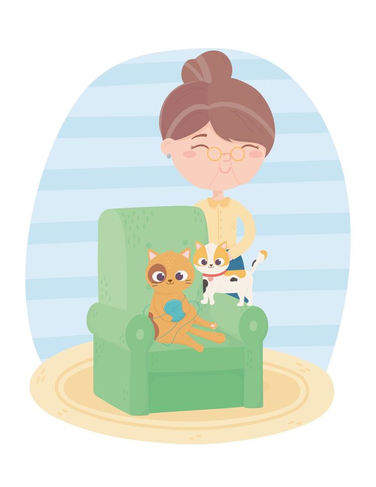 cats make me happy, old woman with cat playing ball in sofa vector