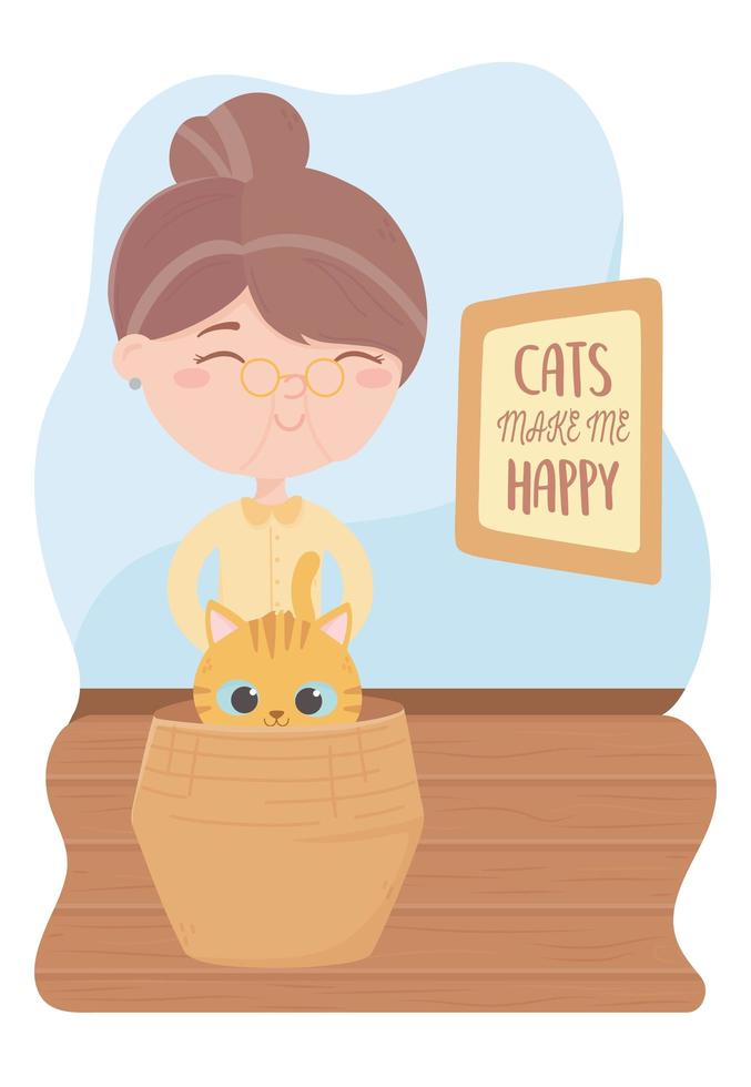 cats make me happy, elderly woman with cat in basket vector