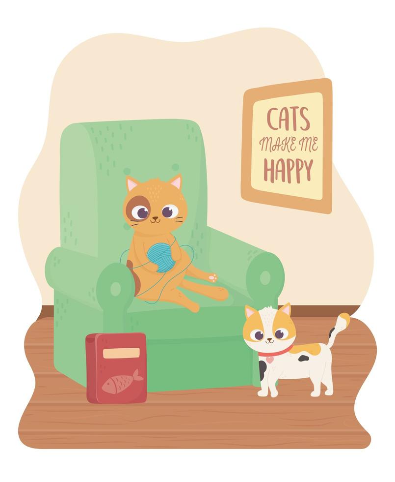 cats make me happy, cute cat playing ball of wool in sofa vector
