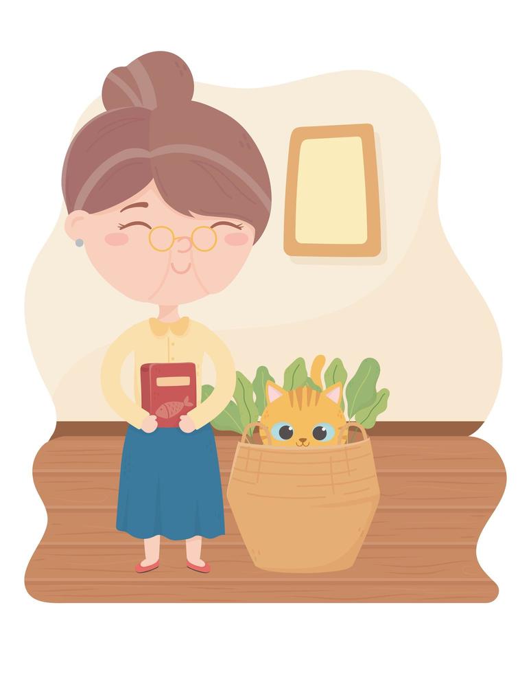 cats make me happy, elderly woman with food and cat in basket vector