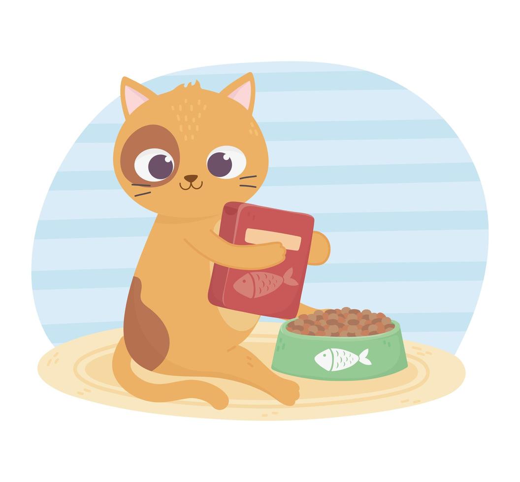 cats make me happy, cute cat with food box and bowl vector