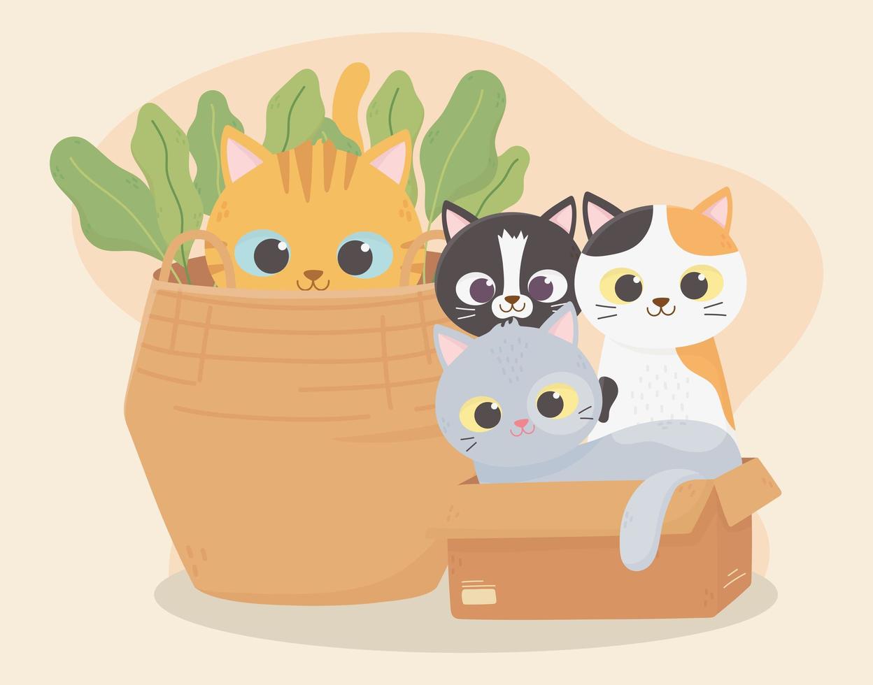 los gatos me hacen feliz, gatos en caja de cartón y gatito en dibujos animados de canasta vector