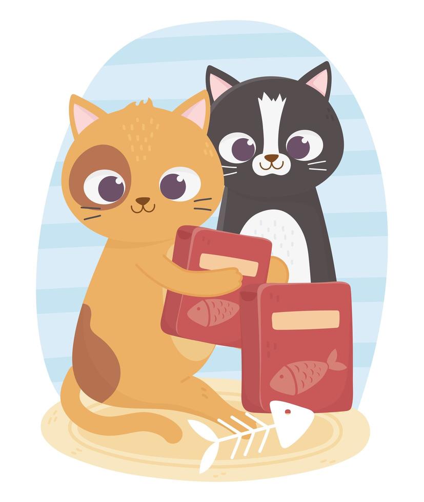 cats make me happy, cute felines with food boxes and fishbone vector