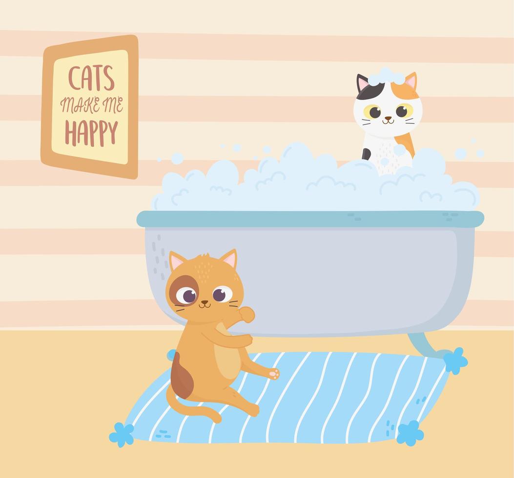 cats make me happy, cat in carpet and kitten in bathtub washing vector