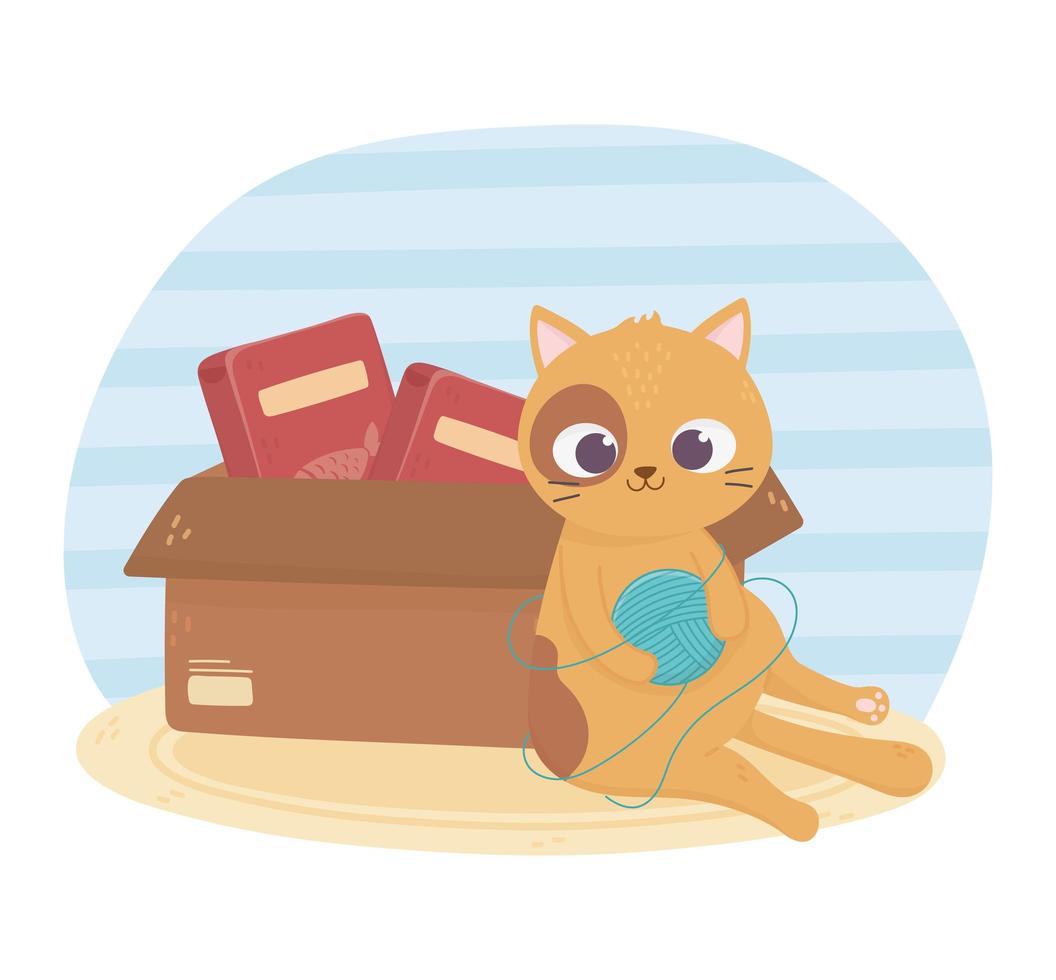 cats make me happy, cat playing ball of wool and box with food vector