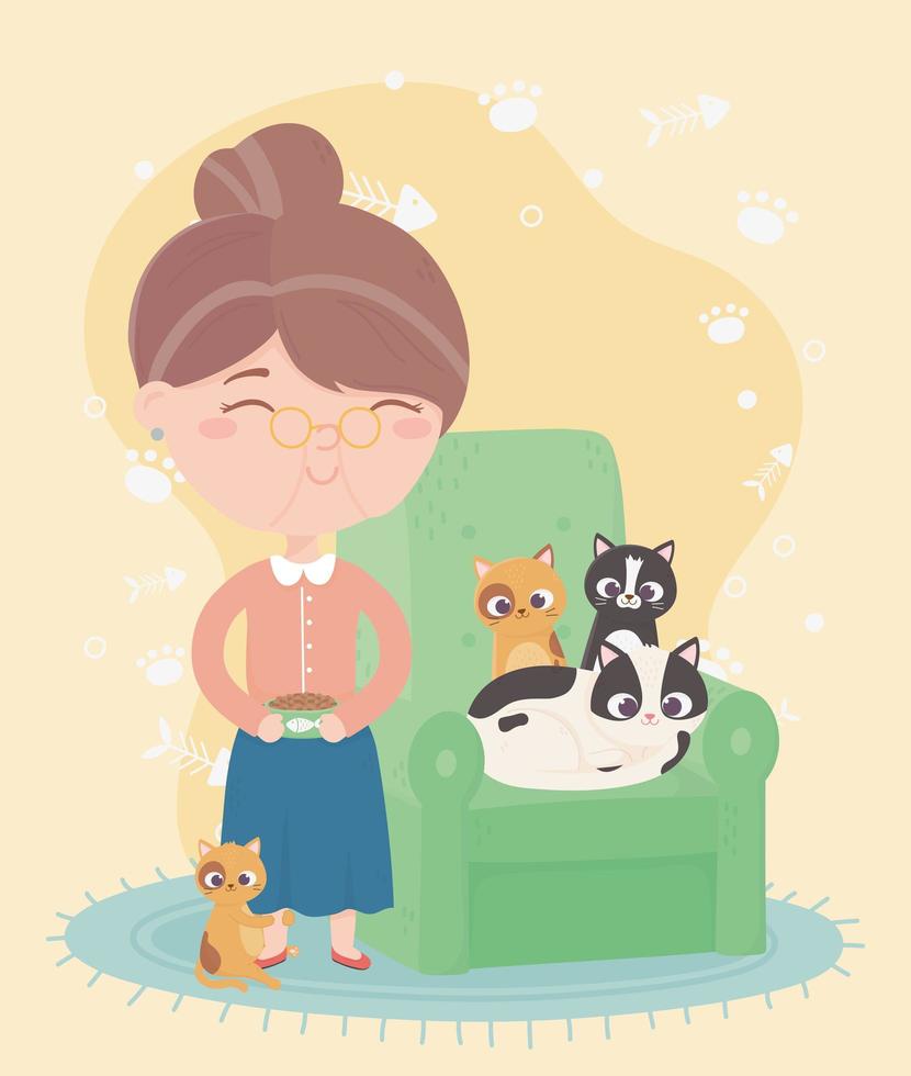 cats make me happy, old woman with bowl food and kitten in sofa cartoon vector