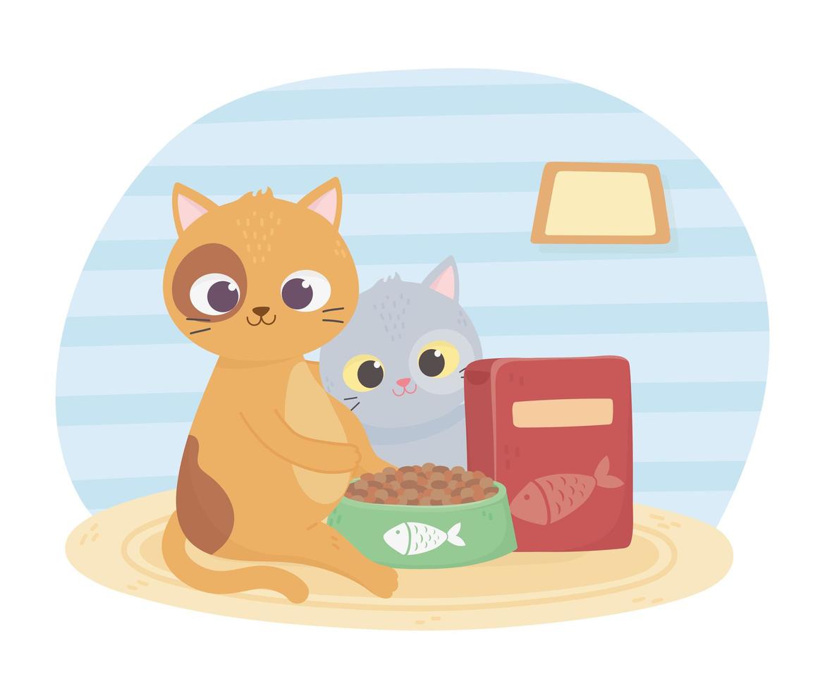 los gatos me hacen feliz, lindos gatitos con tazón y caja de comida para mascotas vector