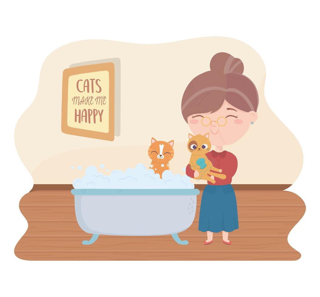 cats make me happy, woman cat with ball and kitten in bathtub vector