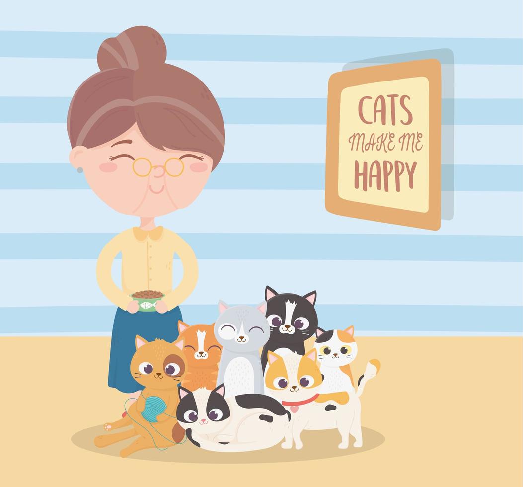 cats make me happy, old woman with food and kittens cartoon vector