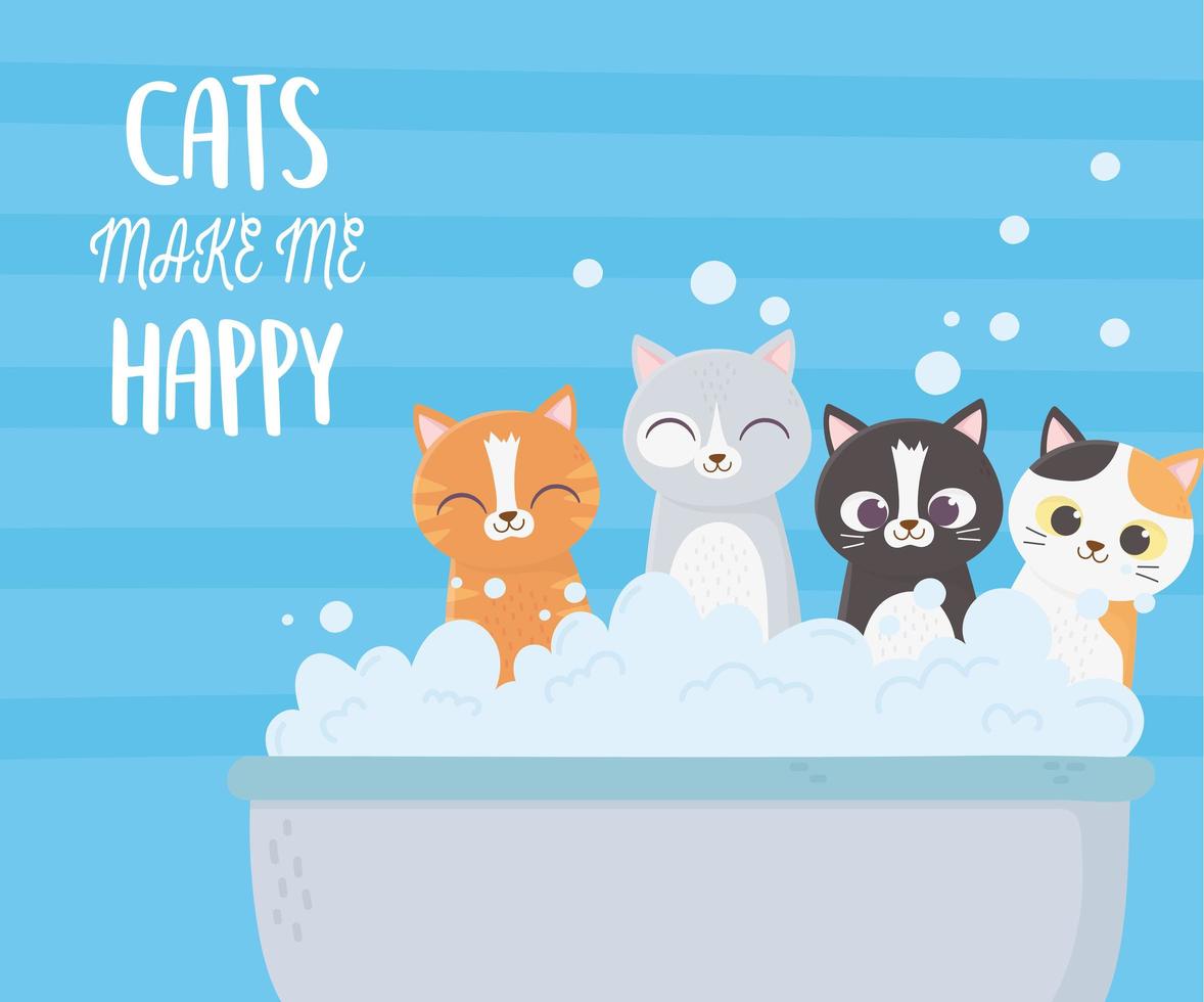 cats make me happy, kittens in bathtub bubbles soap cartoon vector