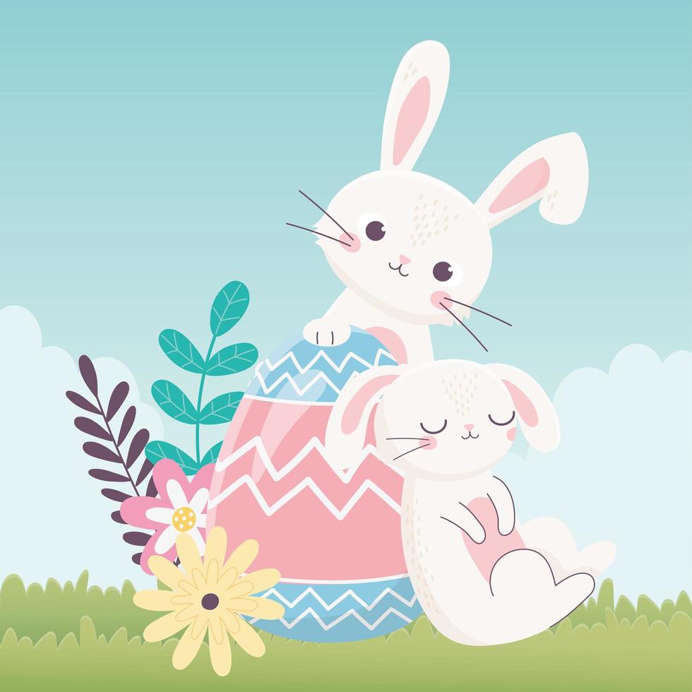 happy easter day, rabbits egg flowers leaves nature grass vector