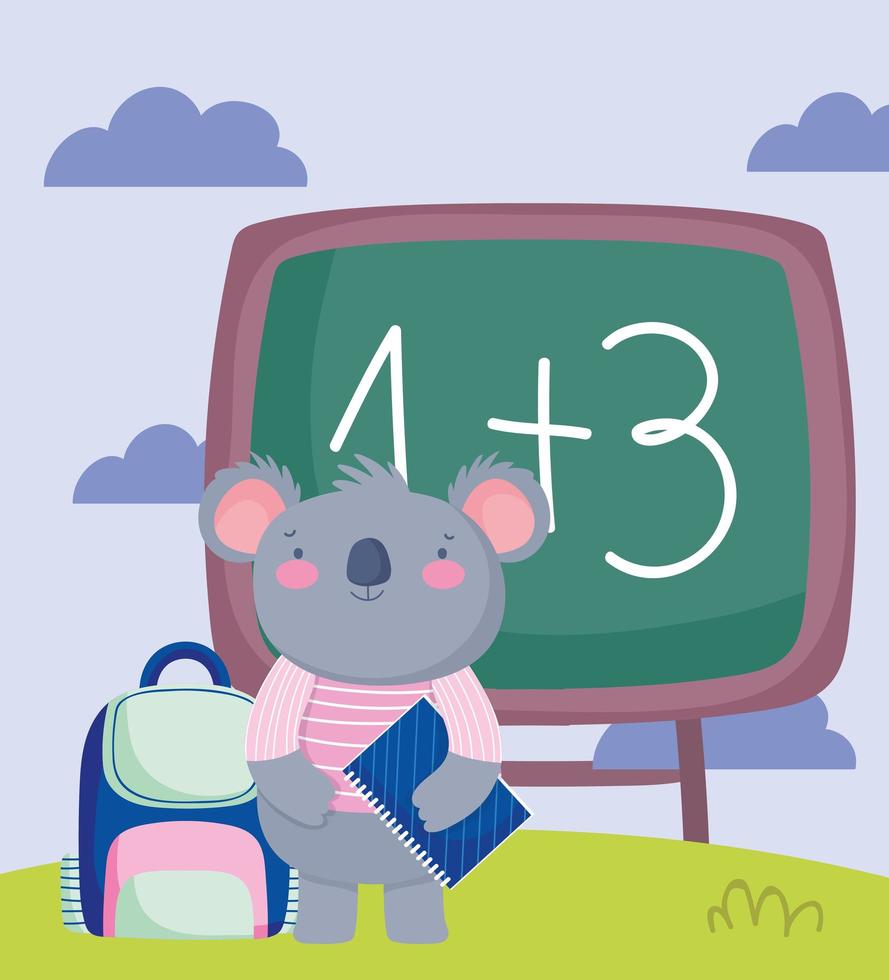 regreso a la escuela, mochila koala y pizarra de libros vector