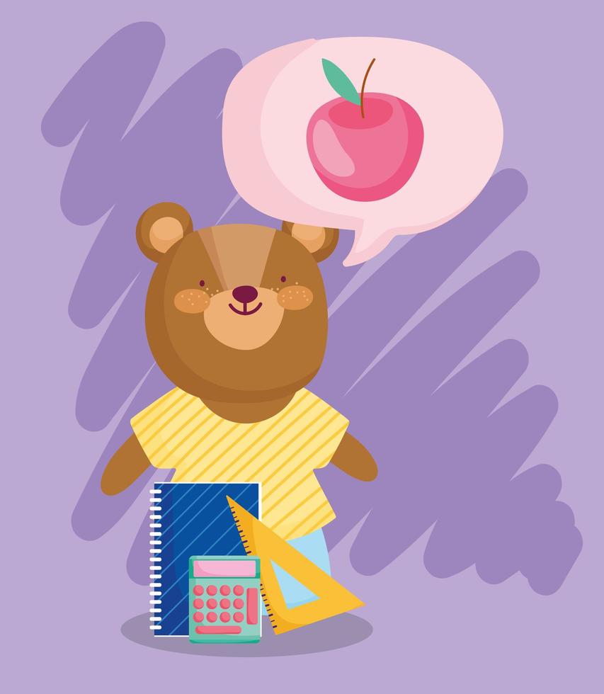 regreso a la escuela, lindo oso con regla calculadora y bloc de notas vector