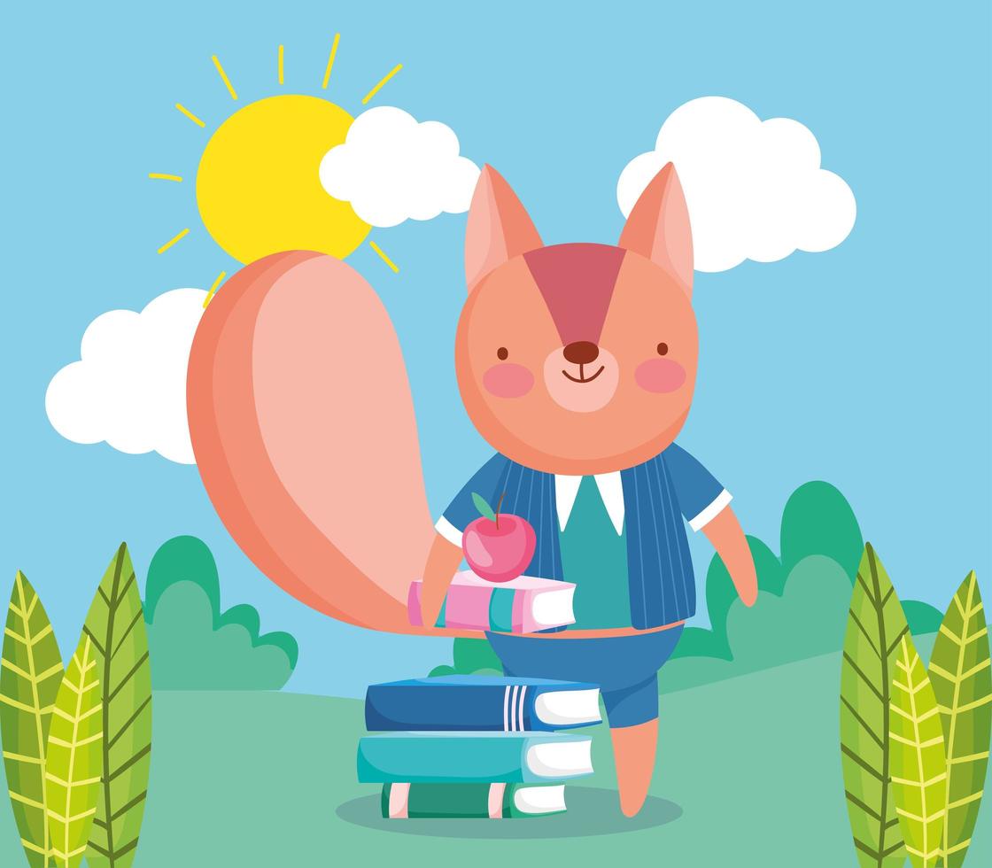 back to school, squirrel with books apple cartoon outdoor vector