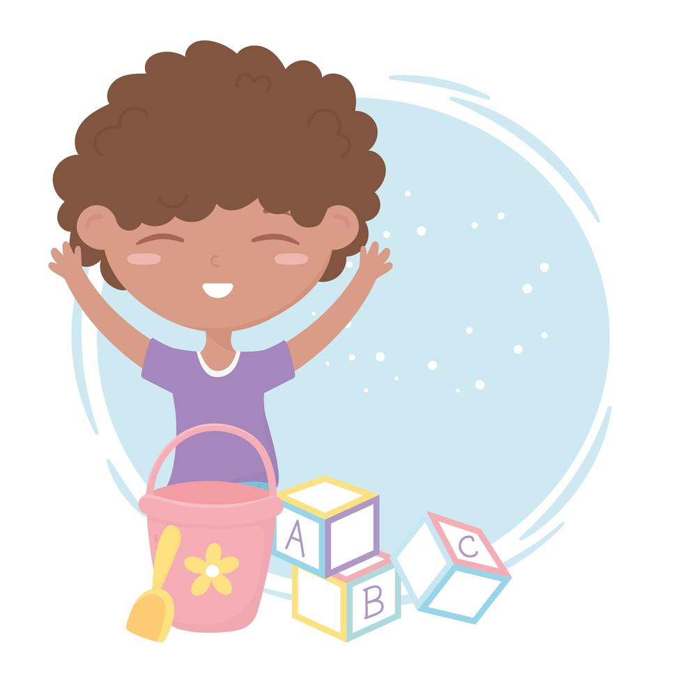 kids zone, cute little boy with bucket shovel and blocks toys vector