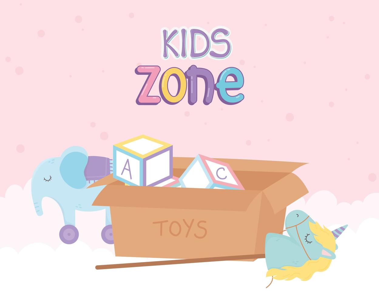 kids zone, box with alphabet blocks unicorn elephant with wheels toys vector